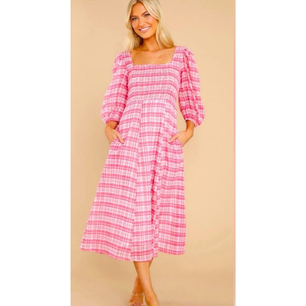 Olivia James The Label Dress Midi Square Neckline Bridget Country Plaid Pink S